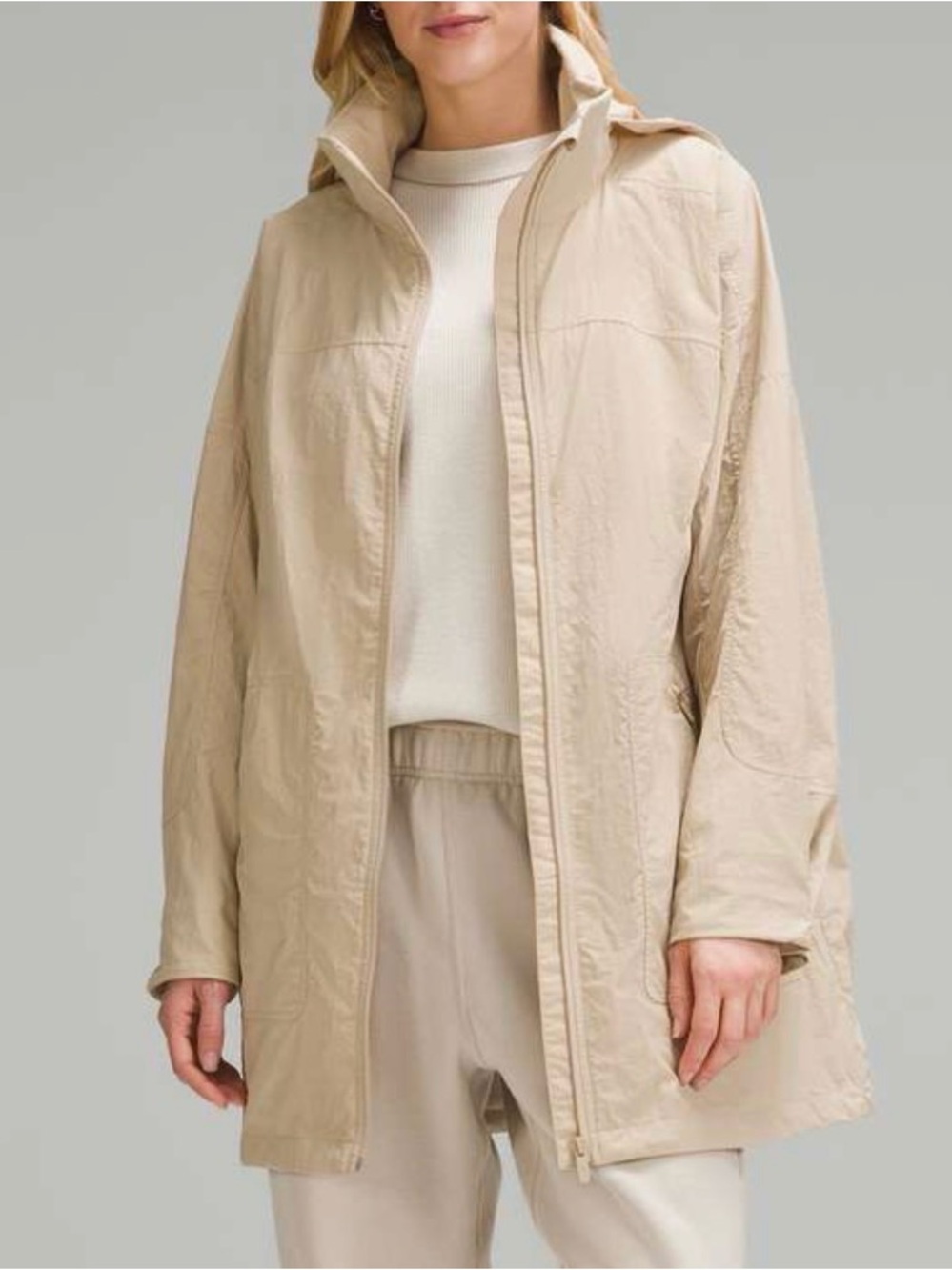 Lululemon Hooded Mid-Length Utility Jacket Trench Coat Tan Khaki Small